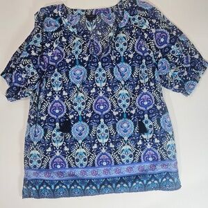 Talbots Shirt Womens Small Blue Purple Floral Puff Sleeve Boho Print Cotton Top